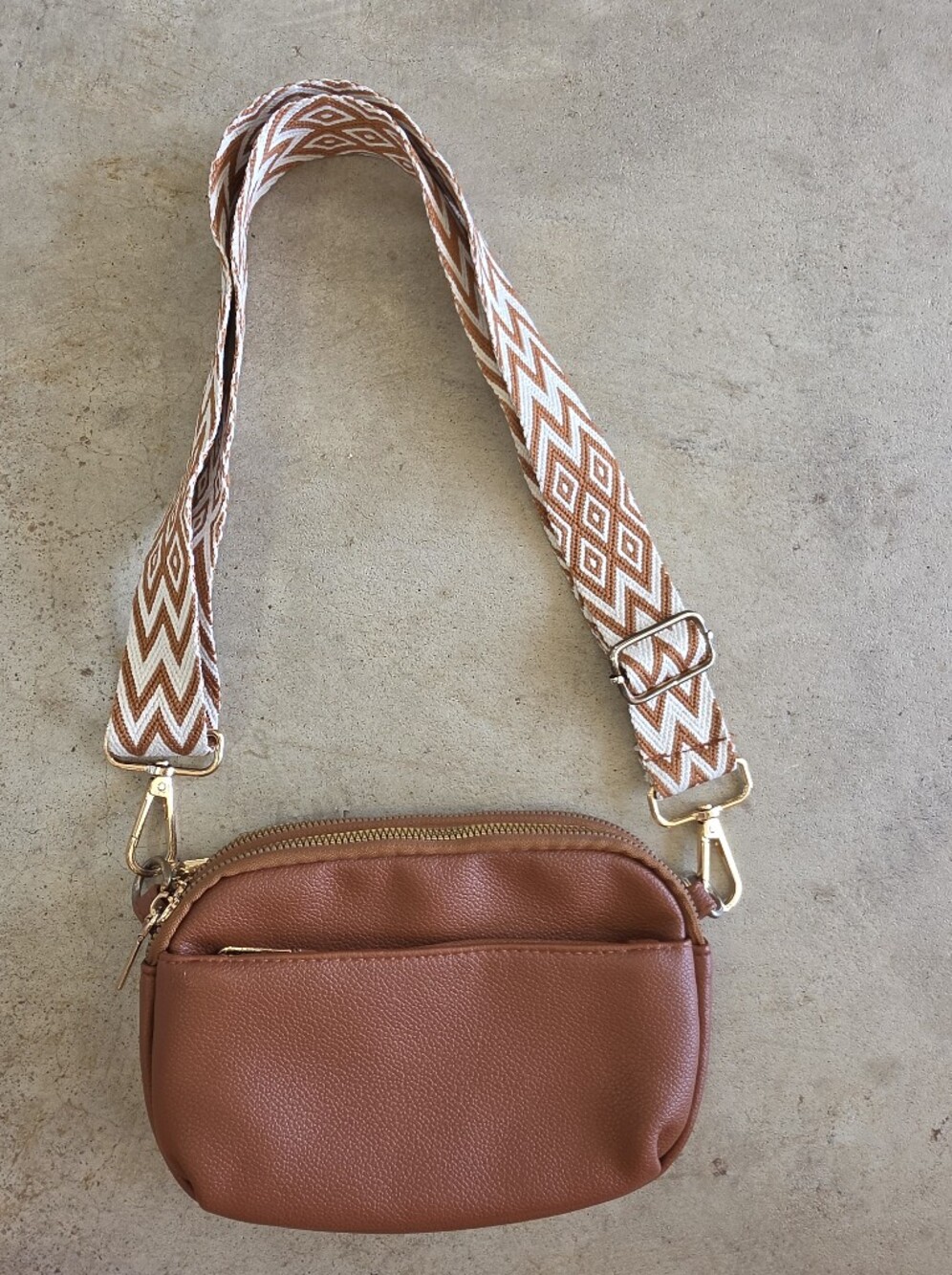 Woven Chevron Strap Crossbody Bag in Cognac